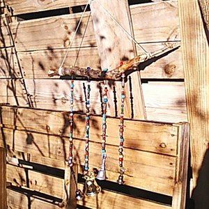 Handmade Rustic Wind Chime With Beads And Vintage Bells On Branch For Garden